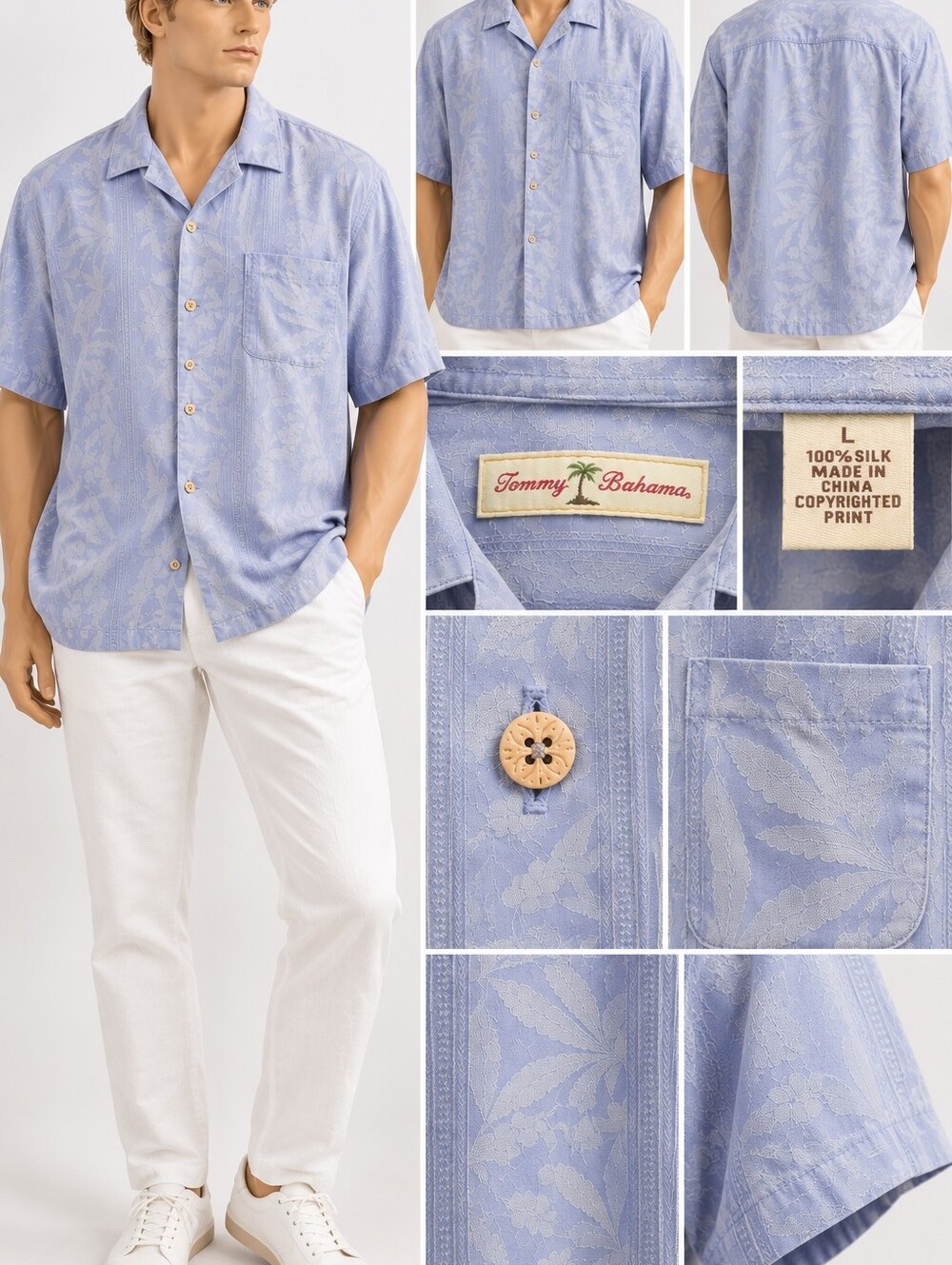 Tommy Bahama Light Blue Silk Short-Sleeve Camp Shirt with Subtle Leaf Jacquard